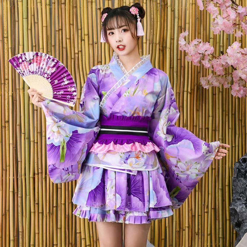 Японский стиль кимоно платье женщина ретро сакурай девушка Haori Yukata  фиолетовый цветочный принт Японии азиатская одежда TUTU аниме косплей