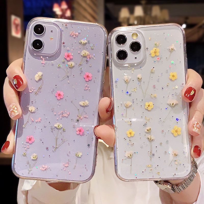 Bling Glitter Case para iPhone XR Case Fundas de silicona de flores secas  reales en iPhone