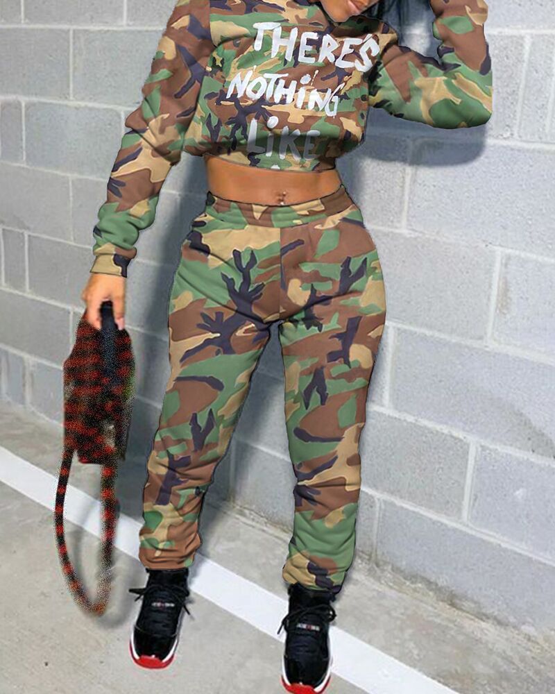 Compra Mujeres Casual Moda 2 Piezas Trajes De Camuflaje Letra Impresa Con  Capucha Superior Con Caderas Conjuntos De Pantalones Barato | Entrega  Rápida Y Calidad | Es.Dhgate