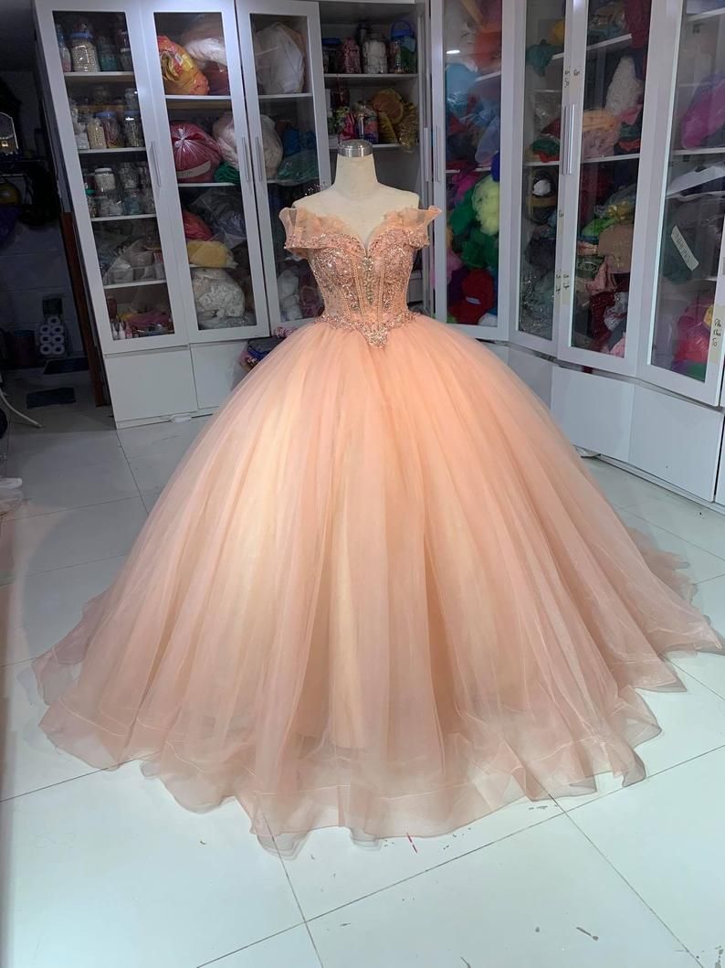 Romantic Peach Coral Ball Gown Quinceanera Prom Dresses Long Sleeves  Princess Beaded Tulle Sweet 16 Dress