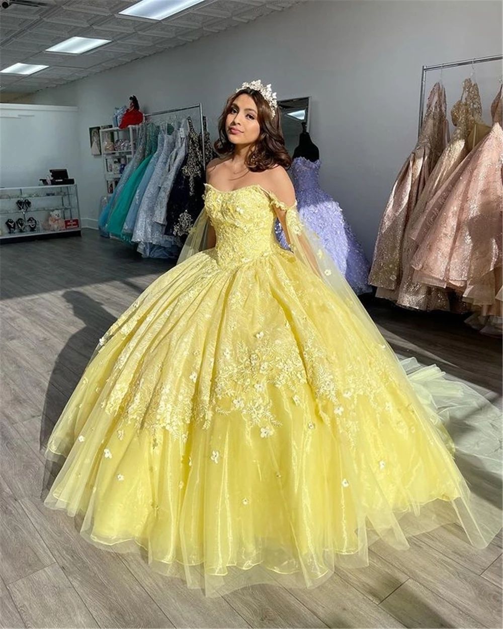 2022 Bola amarilla Vestido Quinceañera Vestidos Preciosos vestidos de baile  3D Flores con cuentas Dulce 15