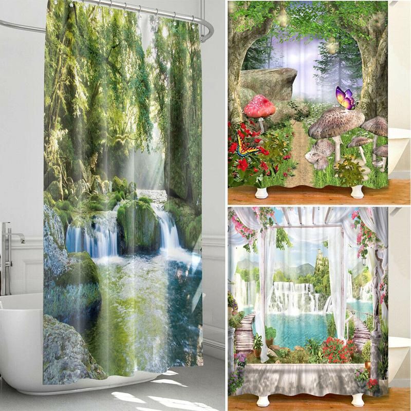 Forest Disgn Shower Curtain Bathroom Decor Waterproof  Polyester Fabric 12 Hooks 