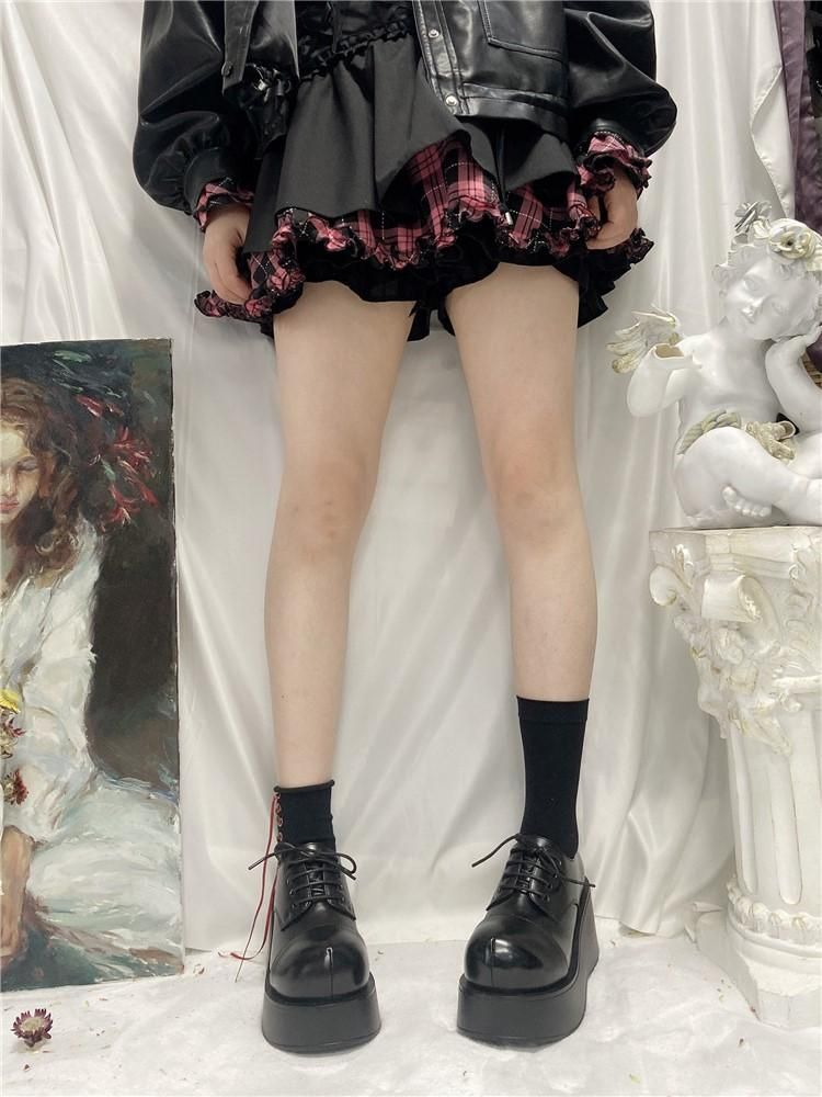 Dress Shoes Japanese Harajuku Thick Bottom Big Round Head Women Gothic Punk  Lace Up Platform Dark