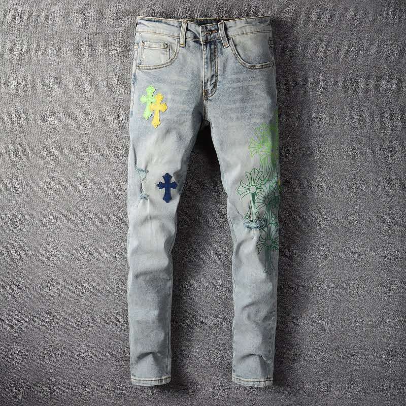 2021 2021 Tide Brand Motorcycle Jeans Embroidered Stretch Skinny Croce