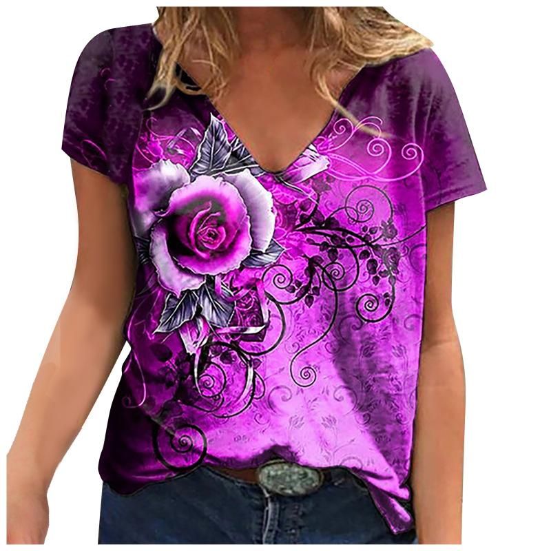 Blusas de mujer Camisas Blusa morada Mujeres Flores de verano Imprimir en V Cuello Tops