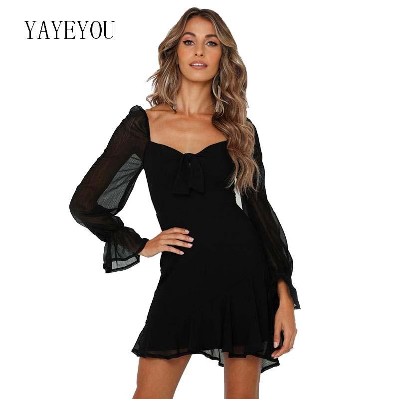 Compre Primavera Verano Mujeres Sólido Gasa Negro Color Casual Corto Mini  Vestido Cintura Alta Flae Fleve Femenino Sexy Vestidos De Moda A 15,08 €  Del Lipsonlips21 | Es.Dhgate.Com