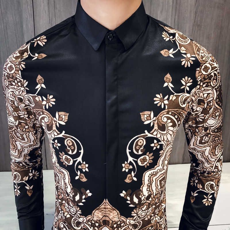Mens Dress Shirts Top Quality British Style Print Shirt Brand New Slim Fit Casual Social Long Sleeve Night Club Prom dress shirt X0611