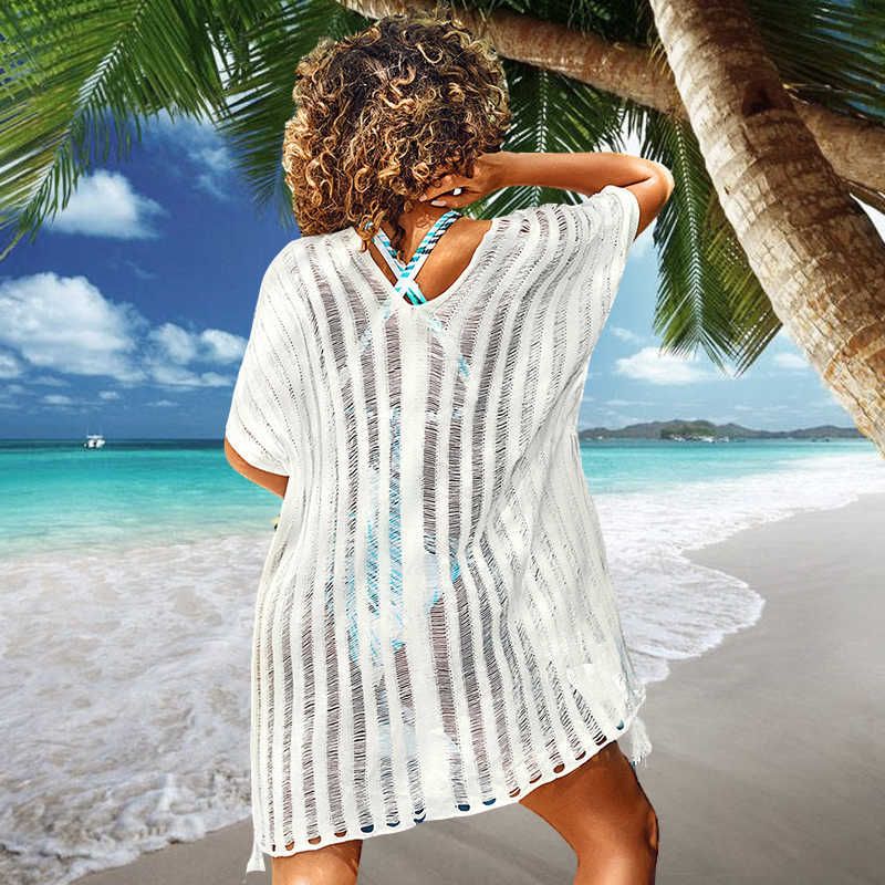NLAND Vestido de Playa de Las Mujeres de Punto sin Espalda Bikini Cover Up Playa de Verano con Cuello en V de Largo 