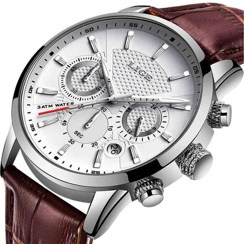 Мужские часы Lige Top Brand Кожаный хронограф Водонепроницаемый Спорт Автоматическая дата Кварцевые Часы для мужчин Relogio Masculino 211224