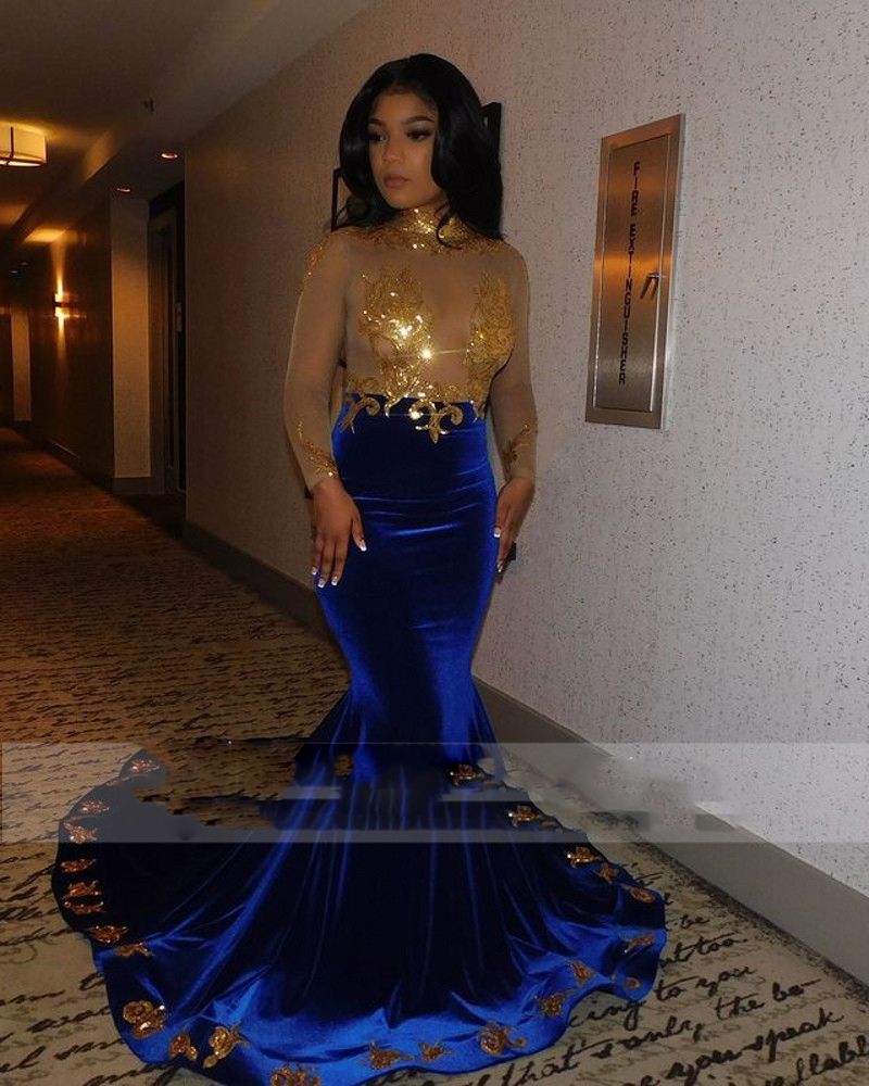 Mermaid High Neck Royal Blue African Prom Dress Gold Applique Evening –  SELINADRESS