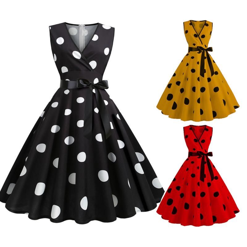 Vestidos casuales Vintage 80s 90s Polka Dot Vestido de columpio Impreso Femenino Elegante retro sin mangas Vestidos casuales Vintage 80s 90s Polka Dot Vestido de columpio Impreso Femenino Elegante retro sin mangas