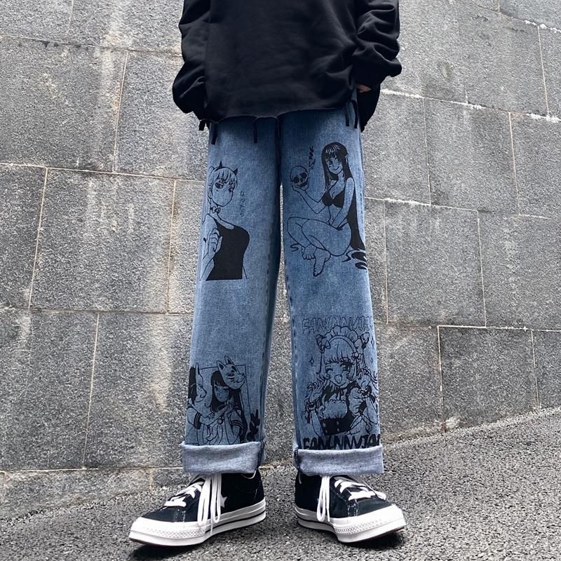 Jeans para mujer Vintage Lavado Mujer Streetwear Harajuku Dibujos animados  Anime Imprimir Moda Hombre suelto Pantalones