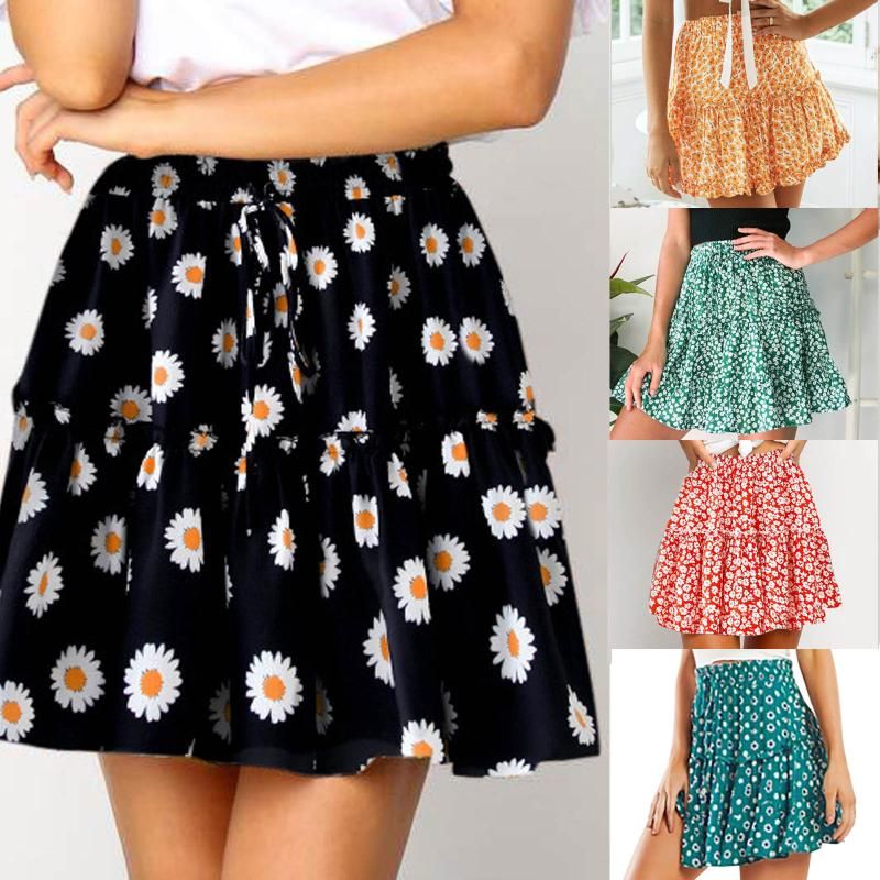 Faldas Moda Mujeres Casual Impresión A-Line Encaje Up Falda Corta Blanco Jupe