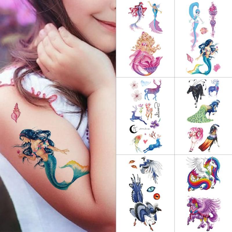 Temporary Tattoos Kids 3d Tattoo Stickers Mermaid Princess Flower Fairy  Body Pony Peacock Waterproof Children Cartoon
