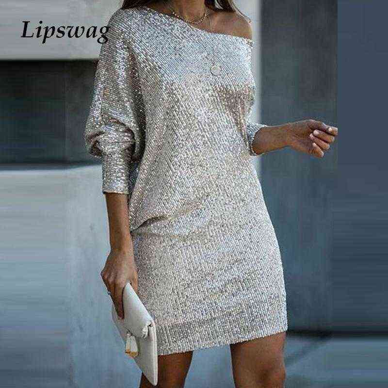 Vestido casual de fiesta elegante color plata vestido de fiesta mujer sexy fuera del hombro otoño Vestido casual de fiesta elegante color plata vestido de fiesta mujer sexy fuera del hombro otoño