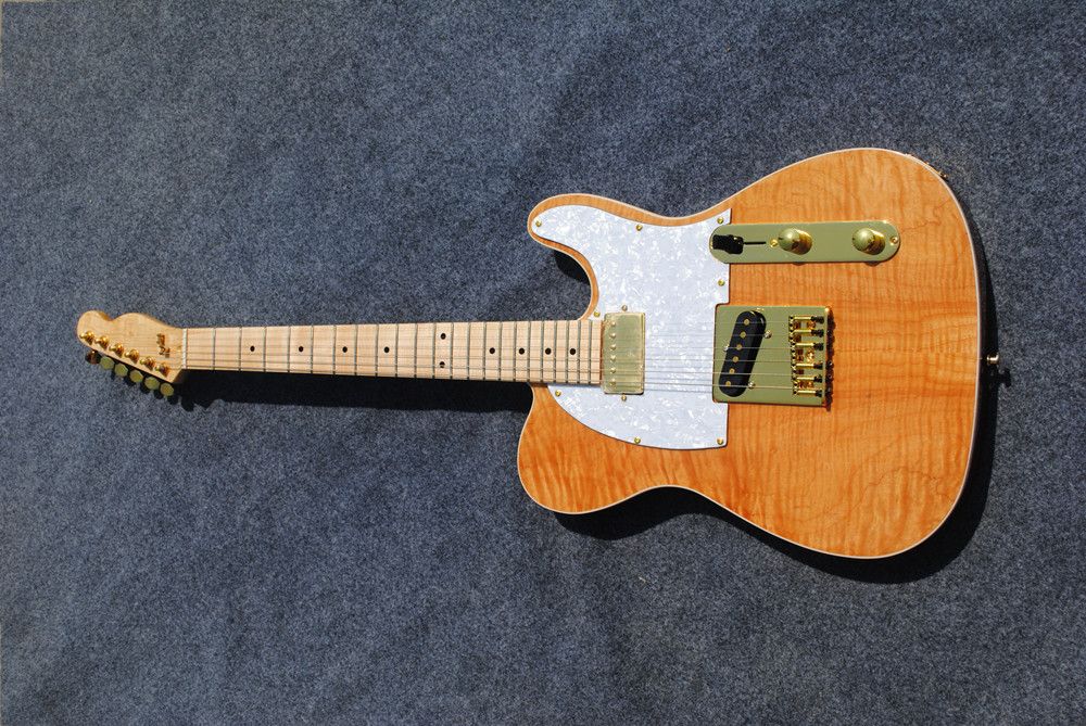 Natural Wood Electric Guitar With White Pearl Pickguard,Gold Hardware