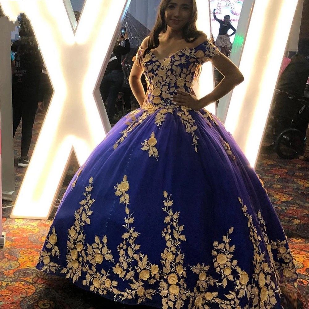 Compre 2022 Oro 3D Flores Florales Royal Azul Quinceañera PROM Formal Vestidos  Mexicano Charro XV Dulce 15 16 ANOS OFF OFF OFF THE HOJOS BAJA Vestido  Corsé Back Tulle Lace A 163,2