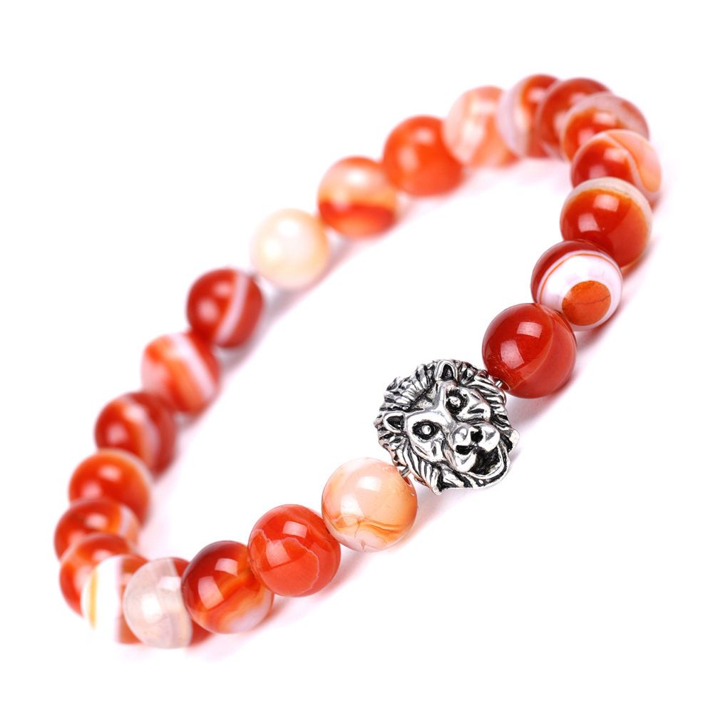 SL320A02 Stripe Red Agate Leone Head Brac