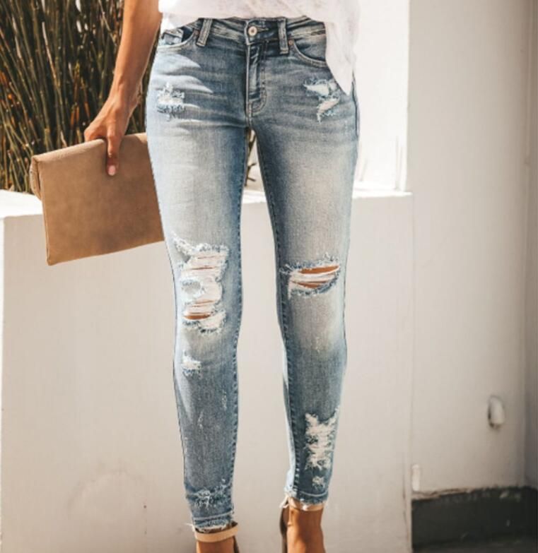 Compre 2022 Ladies Azul Cintura Alta Rompeadas Pantalones Vaqueros Pantalones  De Mezclilla Para Mujer Slim Bordado Jeans De Cintura Alta Jean Jean Femme  Pantalones A 22,37 € Del Super_dh | Es.Dhgate.Com