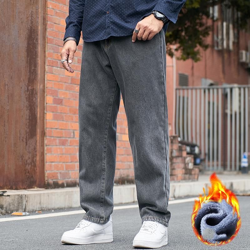 Мужские джинсы плюс размер бархата толщиной толщиной прямой ноги жирные зимние широкогазовые брюки драпировки брюки