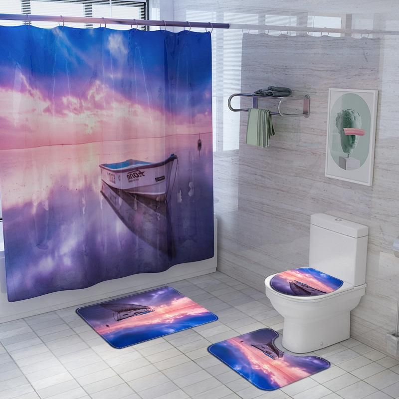 Set Shower curtain 3D Sea Scenery Toilet Seat cushion mat Carpet Home bathroom 