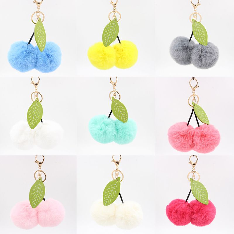 llavero llavero para chicas Hombres Cherry Fake Rabbit Fur Charm Llaveros para mochilas Mejores