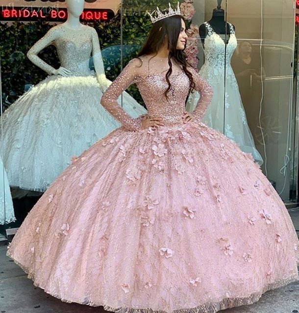 Light Blue rose gold Ball Gown Quinceanera Dresses Bridal Gowns jewel neck  Long Sleeve Sweet 16