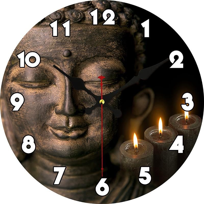 Relógios de parede Decoração Relógio Religioso Bronze Buddha Meditação redonda em bambu relógios grandes numerais árabes para dança yoga spa