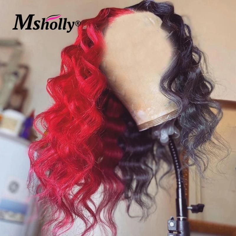 Lace Wigs Colored 13x4 Front Human Hair Short Bob Deep Wave Wig Half Red And Black Pink Blue Remy Brazilian From Pokkie 130 62 Dhgate Com