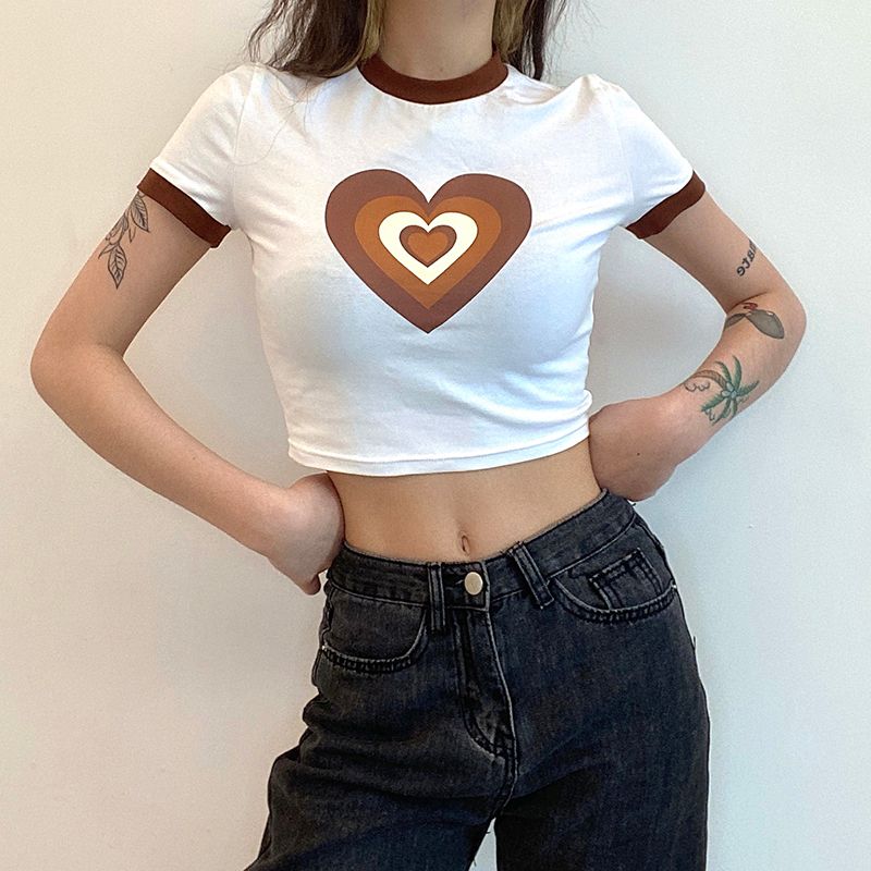 Compre Y2K Aesthetic Kawaii Cultivos Tops Mujeres Coreano Algodón Marrón  Corazón Impreso Pegado Tshirts Casual Mangas Cortas Tees CUTAENDPSYGO A  18,44 € Del Fzyiyi | Es.Dhgate.Com