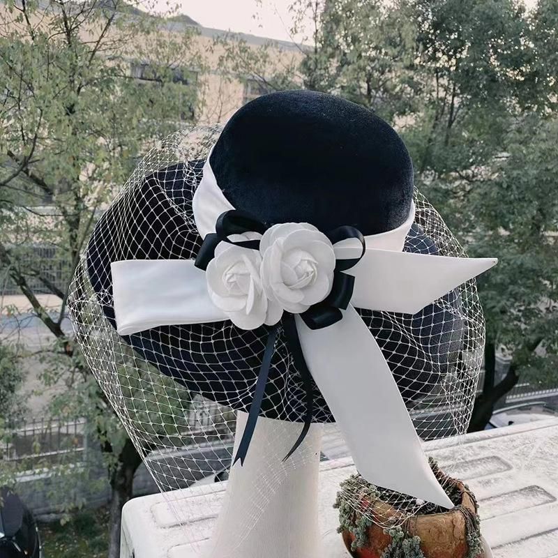 Berets Formal Wide Brim White Flower Black Fedora Hat Veil Felt Floppy Ladies Wedding Bridal Fascinator