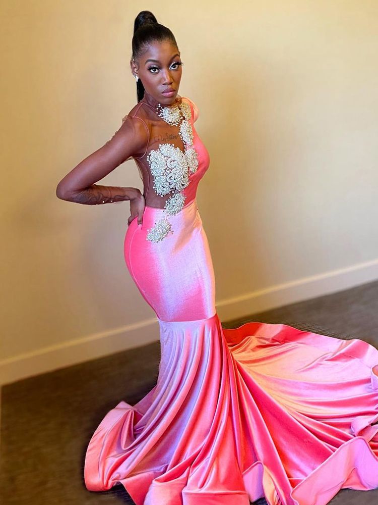 Long Sleeves Pink Velvet Mermaid Prom Dresses 2022 With Train High Neckline Homecoming  Gowns From Bridallee, $154.68 | DHgate.Com