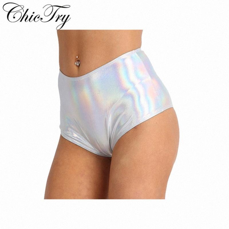 CHICTRY Womens Metallic Hologram High Waisted Booty Shorts Rave Dance Underpants