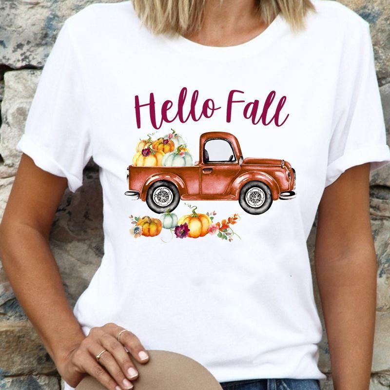Женская футболка грузовик старинные осень осень хэллоуин футболка женщин благодарения тыква мультфильм графический топ