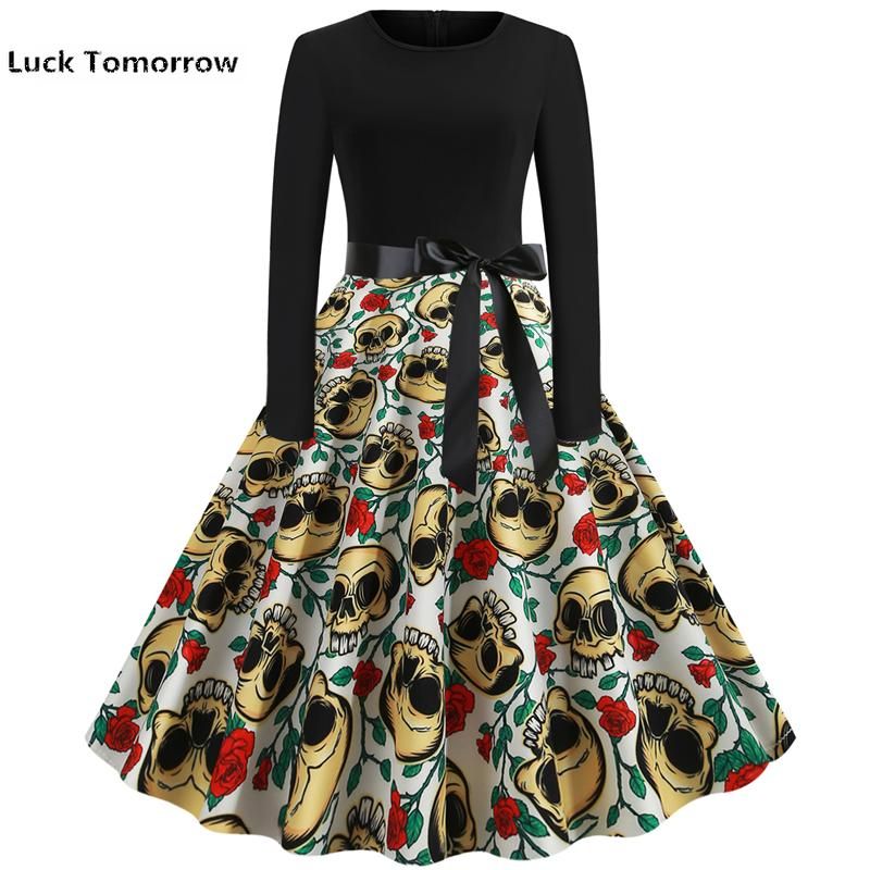 Compra Otoño Invierno Halloween Mujer Ropa 2021 Vestido Más Tamaño Amarillo  Cráneo Impresión Shein 50s Vestidos Vintage Elegante Fiesta Vestidos Casual  Barato | Entrega Rápida Y Calidad | Es.Dhgate