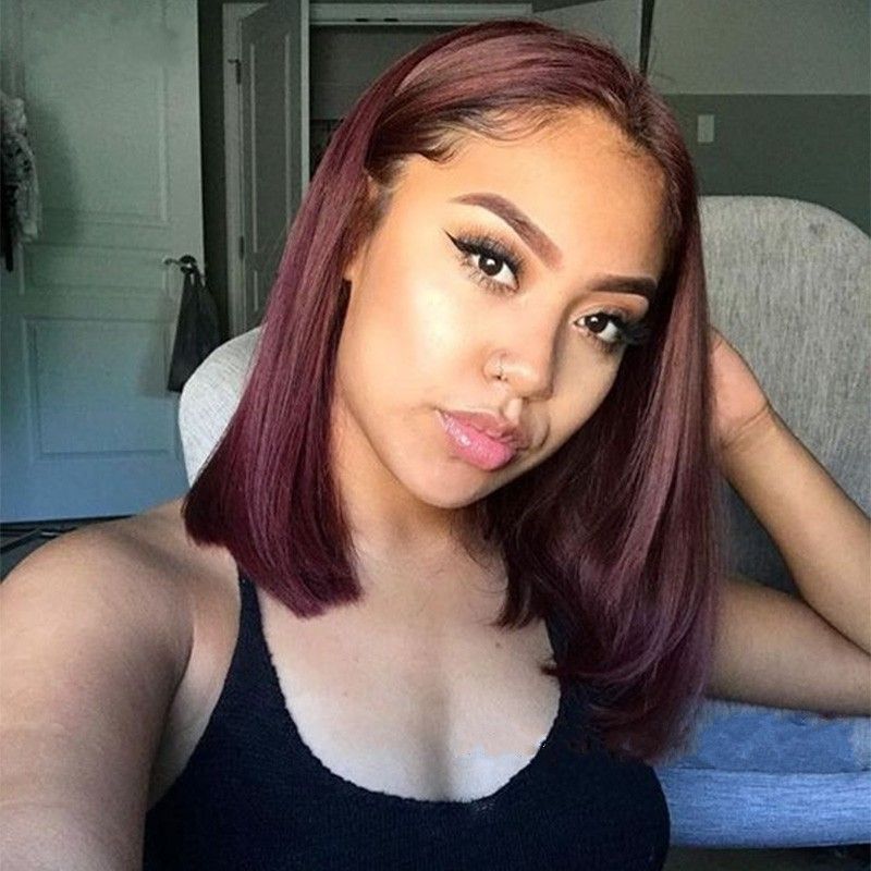 Short Bob Brazilian Lace Front Human Hair Straight Wigs For Black Women  13X1 Burgundy/Highlight Brown