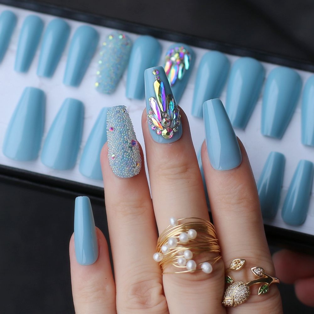 Sky Blue Fake Nails Summer Nail Crystal Sparkling Coffin Acrylic Nails Diamond Luxurious Caviar From Fzyiyi10 22 06 Dhgate Israel