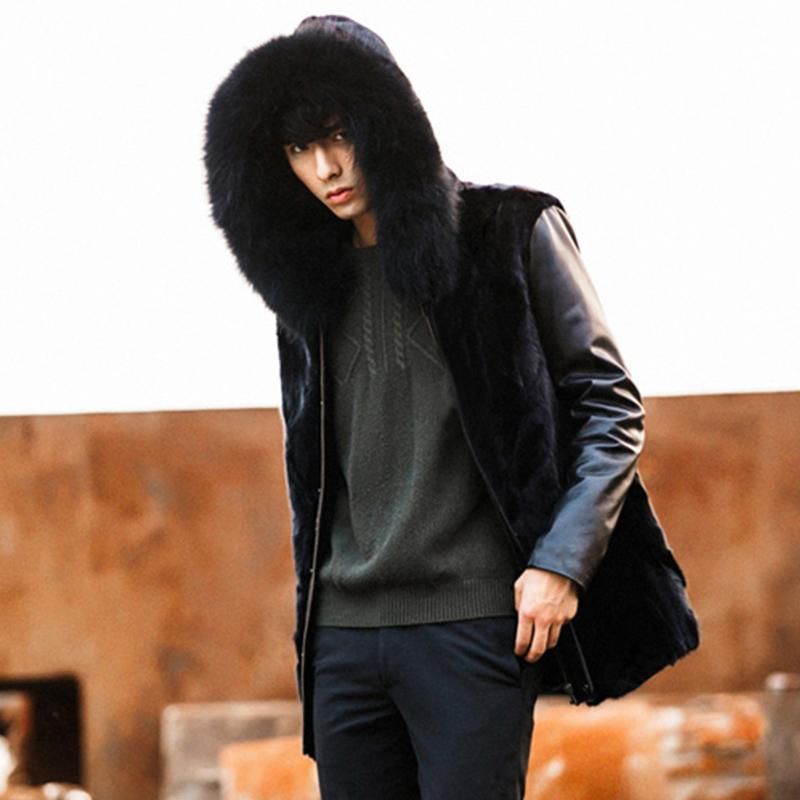 Men s Fur Faux Mens Coat Vest Black Long Sleeve Patchwork Hooded Slim Leather Jackets Hoodies Zipper Outerwear Oversize XXXXL 4XL Y2121