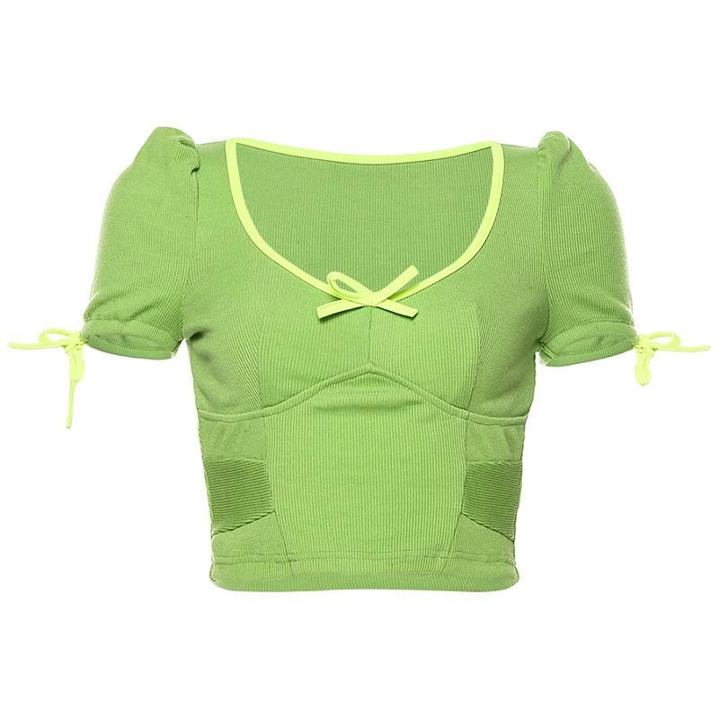 Womens T Shirt Neon Green Soft Ribbed Knitted Cute Crop Top Women Girls T  Shirts 2021 Autumn Summer Fashion Casual Puff Sleeve Bow Tees Muj From  Xizhuang, $15.01 | DHgate.Com