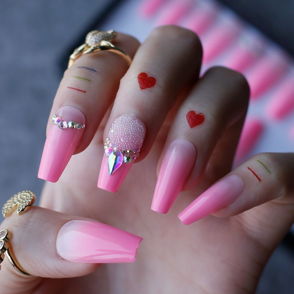 Middle Length Coffin Ombre Pink Acrylic Nails Crystal DIY Style Art Fake  Nalis Tips Press On Nails Cute Girlfriend Gift Box Set From Fzyiyi10,  $22.49 | DHgate.Com