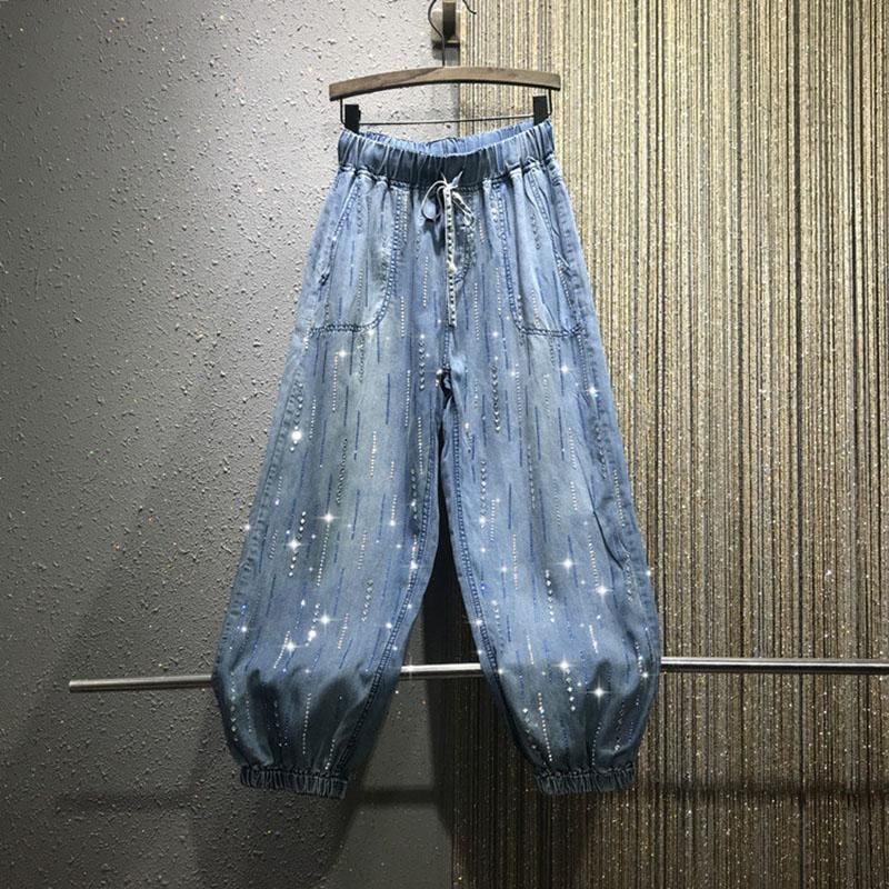 Pantalones harén Harajuku para mujer, vaqueros con purpurina y cordones,  elásticos, azules, informales - AliExpress Ropa de mujer