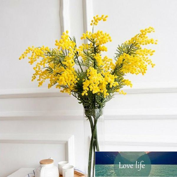 50 pcs 57cm Falso amarelo flor flor artificial planta mimosa plástico  folhas pequenas Pompon Stamen para