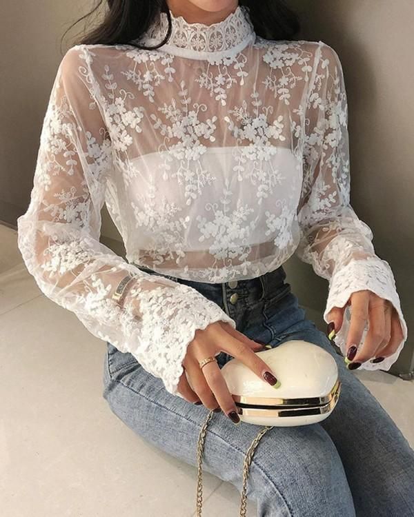 Compra Mujer Blusa Elegante Encaje Flores Bordado Manga Larga Altura  Camisas Oficina Señora Moda Hembra Transparente Tops Blusas De Las Mujeres  Barato | Entrega Rápida Y Calidad | Es.Dhgate