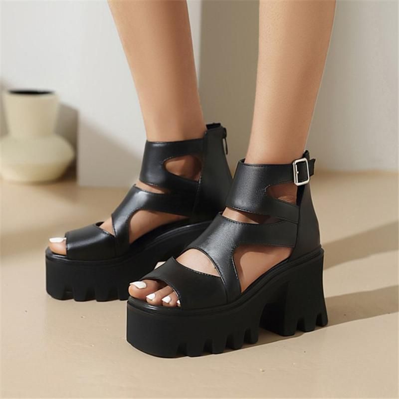 Womens Gladiator Open Toe Hollow Punk Rock Shoes High Heels Gothic Roma Sandals 