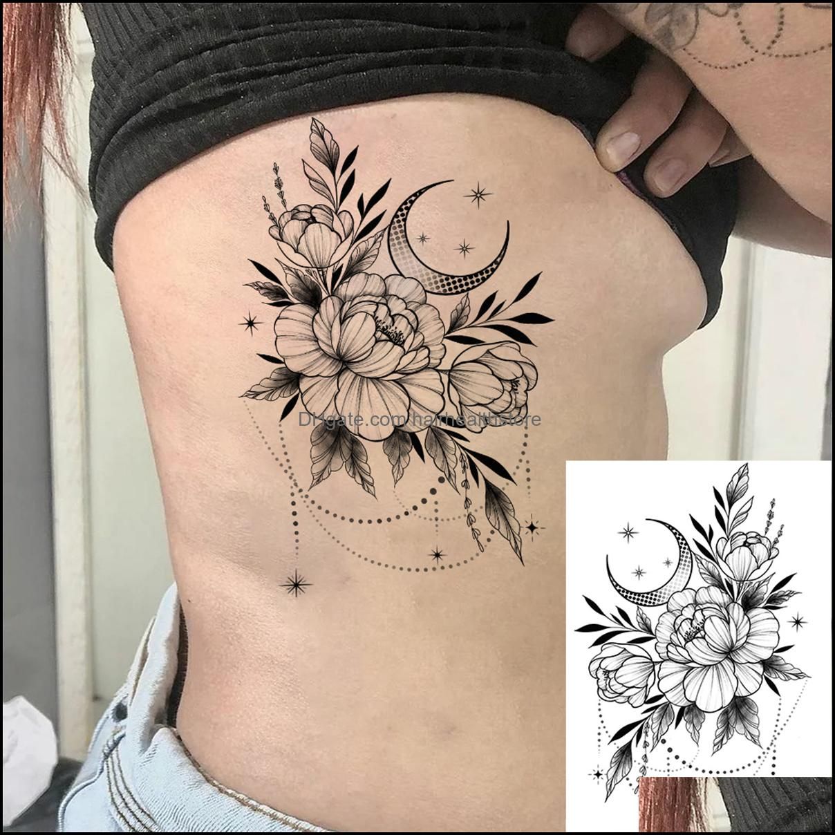 Tatouage Fleur De Lotus Cuisse Pendentif Flower Tatouages ​​temporaires pour femmes ADT Faux bijoux  Autocollant de tatouage Peony Black Hena Moon Large cuisse Tatoo Tatoo Drop  étanche Livraison