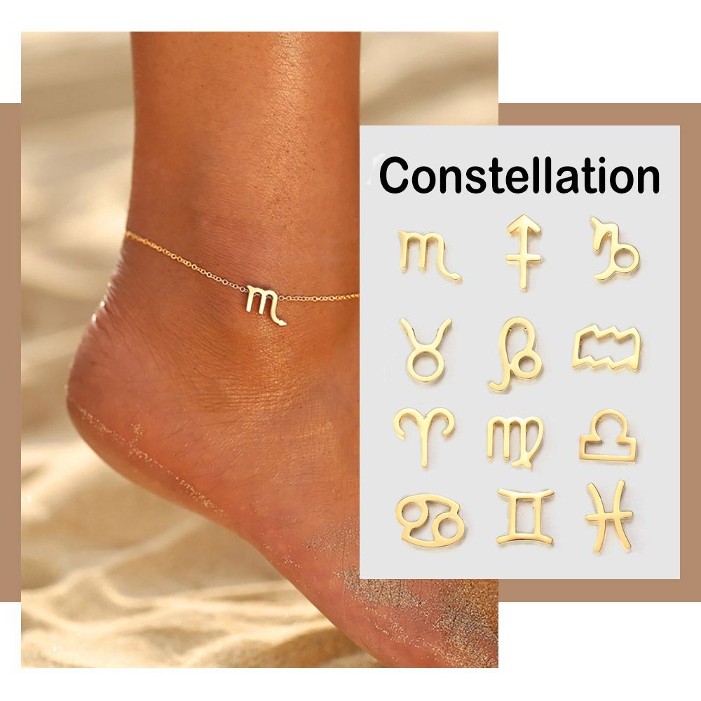 Mode-Konstellation Tierkreis-Fußklets Armbänder für Frauen 2021 einfache 12 Konstellationen Fußschmuck Beinketten mit unabhängiger Papierkarte und Opp-Tasche Verpackung
