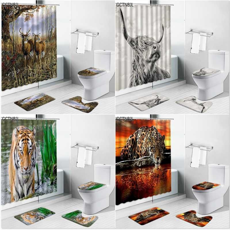 US Wildlife Tiger Shower Curtain Anti-slip Bath Mat Pedestal Toilet Cover Rug 