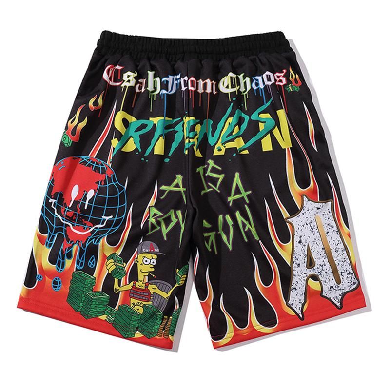 Pantalones cortos para hombres hombres dibujos animados llama graffiti impresión playa hasta la rodilla longitud hip Pantalones cortos para hombres hombres dibujos animados llama graffiti impresión playa hasta la rodilla longitud hip