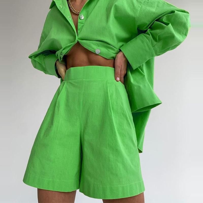 Compra Trajes Femeninos Sólidos Sueltos Mujeres Pantalón Corto Set De Pantalón  Corto Camisa De Manga Larga Camisa Casual Elástico Cintura Pantalones  Cortos 2021 Moda De Verano Inicio Barato | Entrega Rápida Y