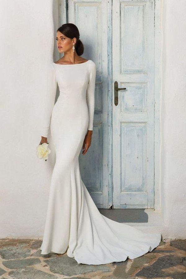 Compre Estiramiento Crepe Sirena Vestidos De Novia Modestos Con Mangas  Largas Cubiertas De Cuello Cubierto Mujeres Informal Modest Modest Modelos  Vestidos Elegantes A 106,7 € Del Alegant_lady | Es.Dhgate.Com